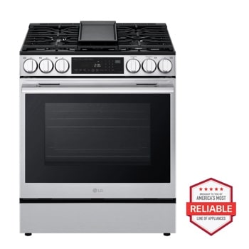 LG LSGL6335L Gas Range with stainless steel finish featuring digital control panel and five burners with center griddle - Front View1
