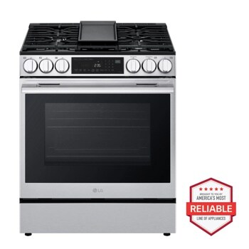 LG LSGL6335L Gas Range with stainless steel finish featuring digital control panel and five burners with center griddle - Front View