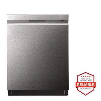 Front view of the LG SIGNATURE Top Control Smart Wi-Fi Enabled Dishwasher with TrueSteam® and QuadWash™ - LUDP8908SN. Includes a graphic logo that says, Brought to you by America’s Most Reliable Line of Appliances.