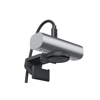 Logitech 960001529 webcam with cylindrical silver body, adjustable black mount, and integrated cable - Side Angle