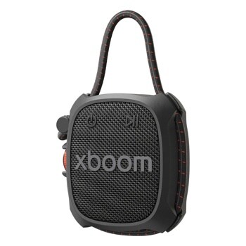 LG xboom ROCK_CNOALBK portable speaker with black mesh grille, fabric carrying handle with red accents, and control buttons on side