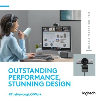 960001529 Logitech webcam showing professional in headset during video conference with data charts and MX BRIO 705 webcam detail