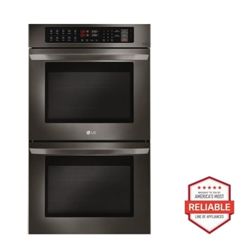 Front view of the 9.4 cu. ft. Double Wall Oven - LWD3063BD. Includes a graphic logo that says, Brought to you by America's Most Reliable Line of Appliances.1