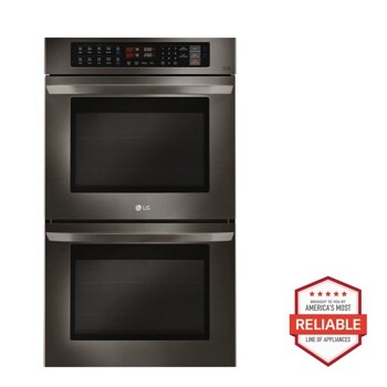 Front view of the 9.4 cu. ft. Double Wall Oven - LWD3063BD. Includes a graphic logo that says, Brought to you by America’s Most Reliable Line of Appliances.