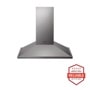 Front view of the 30'' Wall Mount Chimney Hood - HCED3015S. Includes a graphic logo that says, Brought to you by America’s Most Reliable Line of Appliances.