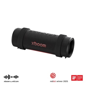 LG Xboom GRAB-AUSALBK portable speaker with red accents and awards badges Front View