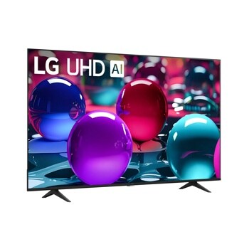 70-Inch LG UHD AI 4K TV 70UA7500ZUD displaying vibrant colorful spheres in blue, purple, red, and teal against a bokeh background - Side Angle