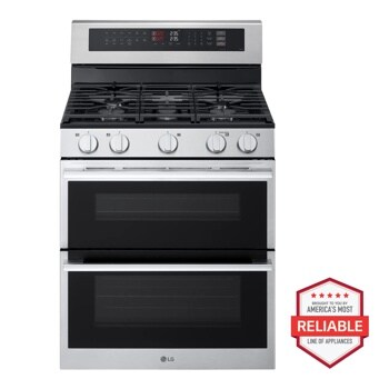 LG LDGL6924Y Gas Range with five burners, digital control panel, and double oven in stainless steel finish with reliability badge - Front View