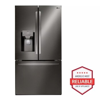 Front view of the 28 cu.ft. Smart wi-fi Enabled French Door Refrigerator - LFXS28968D. Includes a graphic logo that says, Brought to you by America’s Most Reliable Line of Appliances.