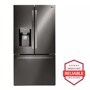 Front view of the 28 cu.ft. Smart wi-fi Enabled French Door Refrigerator - LFXS28968D. Includes a graphic logo that says, Brought to you by America’s Most Reliable Line of Appliances.