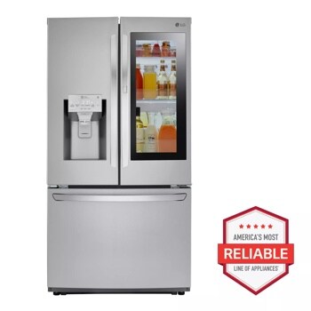 Front view of the 26 cu. ft. Smart wi-fi Enabled InstaView® Door-in-Door® Refrigerator - LFXS26596S. Includes a graphic logo that says, Brought to you by America’s Most Reliable Line of Appliances.