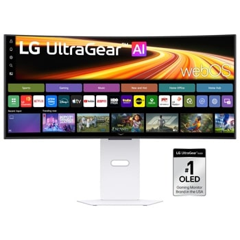 LG 34GX90SB-W UltraGear OLED Gaming Monitor with webOS interface and number 1 OLED Gaming Monitor Brand badge - Front View