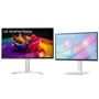 LG 32UP83AK-W and 27US550-W UltraFine Display Monitors with adjustable stands showing vibrant screen content