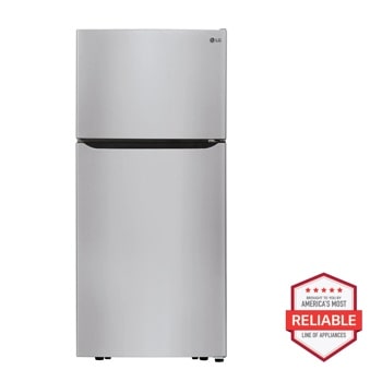 Front view of the 20 cu. ft. 30-inch Wide Top Freezer Refrigerator - Stainless Steel - LTCS20020S. Includes a graphic logo that says, Brought to you by America’s Most Reliable Line of Appliances.