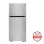 Front view of the 20 cu. ft. 30-inch Wide Top Freezer Refrigerator - Stainless Steel - LTCS20020S. Includes a graphic logo that says, Brought to you by America’s Most Reliable Line of Appliances.