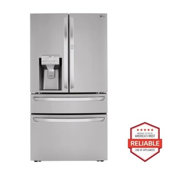 Front view of the 23 cu. ft. Smart Counter-Depth Refrigerator with Craft Ice™ - LRMDC2306S. Includes a graphic logo that says, Brought to you by America’s Most Reliable Line of Appliances.
