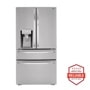 Front view of the 23 cu. ft. Smart Counter-Depth Refrigerator with Craft Ice™ - LRMDC2306S. Includes a graphic logo that says, Brought to you by America’s Most Reliable Line of Appliances.
