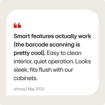 MVEF1323F Over-the-Range Microwave infographic showing customer testimonial praising smart features, barcode scanning, easy cleaning, quiet operation and sleek design