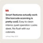 MVEF1323F Over-the-Range Microwave infographic showing customer testimonial praising smart features, barcode scanning, easy cleaning, quiet operation and sleek design