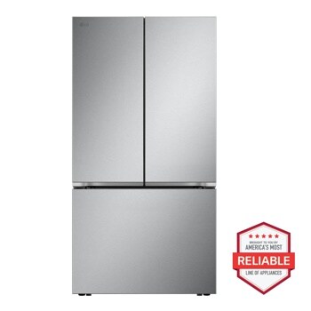 27 cu. ft. Smart Counter-Depth MAX™ French Door Pocket Handle Refrigerator with Freestanding Electric Range, Front Control Dishwasher and Microwave Kitchen Package in Stainless Steel LRFLC2716S_LREL6321S_MVEM1621Y_LDFN3432T