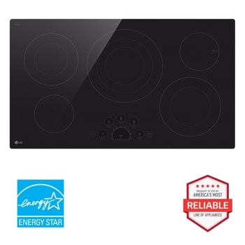 Front view of the 36" Electric Cooktop - LCE3610SB. Includes a graphic logo that says, Brought to you by America's Most Reliable Line of Appliances.1
