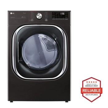 Front view of the 7.4 cu. ft. Ultra Large Capacity Smart wi-fi Enabled Front Load Gas Dryer with TurboSteam™ and Built-In Intelligence - DLGX4501B. Includes a graphic logo that says, Brought to you by America’s Most Reliable Line of Appliances.