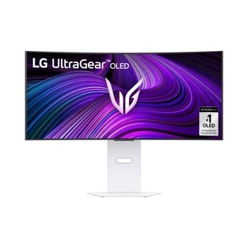 LG 34GX90SA-W 34-Inch UltraGear OLED Gaming Monitor with curved display showing purple swirl graphics on white stand - Front View