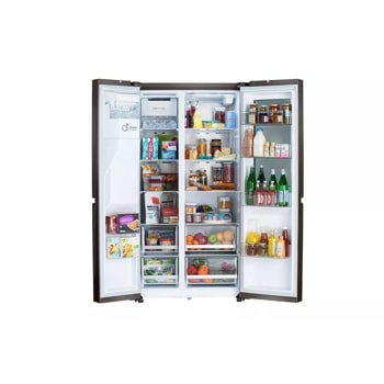 27 cu. ft. side by side instaview refrigerator interior view with items