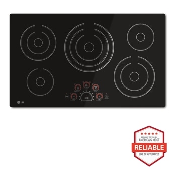 Front view of the 36" Electric Cooktop - LCE3610SB. Includes a graphic logo that says, Brought to you by America's Most Reliable Line of Appliances.1