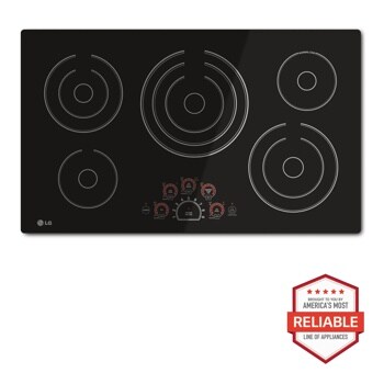 Front view of the 36" Electric Cooktop - LCE3610SB. Includes a graphic logo that says, Brought to you by America’s Most Reliable Line of Appliances.