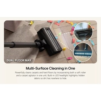 Dual Floor Max vacuum nozzle sucking up confetti on the carpet and hard floor. Underside view of the nozzle showing the rollers as well as a view of the LED lights in front of the nozzle. Multi-Surface Cleaning in One –Powerfully cleans carpets and hard floors by incorporating both a soft roller and a carpet agitator in one unit. Built-in LED headlight highlights hidden debris so dirt has nowhere to hide.