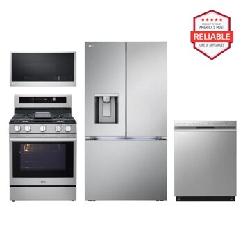 26 cu. ft. Smart Counter-Depth MAX™ French Door Refrigerator with Freestanding Gas Range, Front Control Dishwasher and Microwave Kitchen Package in Stainless Steel LRYXC2606S_LRGN6325X_MVEL2033F_LDFN4542S