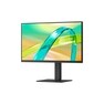 Front view of a monitor displaying a colorful abstract image on a sleek black stand.