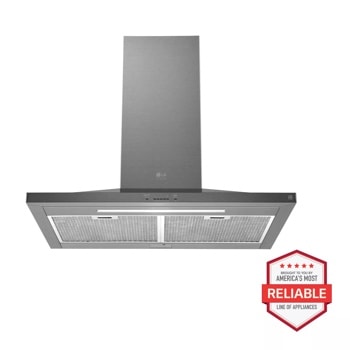 Front view of the LG STUDIO 36" Wall Mount Chimney Hood - LSHD3689ST. Includes a graphic logo that says, Brought to you by America's Most Reliable Line of Appliances.1