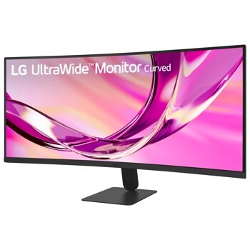 LG 34U60ZB-B UltraWide Curved Monitor with vibrant pink and purple display on black stand - Side Angle