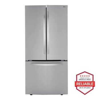 Front view of the 25 cu. ft. French Door Refrigerator - LRFCS2503S. Includes a graphic logo that says, Brought to you by America’s Most Reliable Line of Appliances.