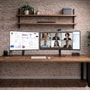 LG 34U650A-B and 27U411A-B Monitors dual setup on desk showing business dashboard and video conference call