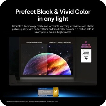 65-Inch LG 4K OLED TV OLED65B6AUA infographic showing Perfect Black and Vivid Color technology with split-screen comparison of anti-glare matte display versus Perfect Black display on over 8.3 million self-lit smart pixels even in bright rooms with Intertek certification badge. Verified by UL Solutions for Perfect Black technology delivering black levels less than or equal to 0.24nit up to 500lux.