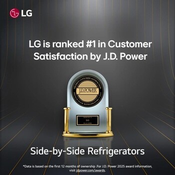 On a black background, JD Power trophy for LG Side by Side Refrigerator.