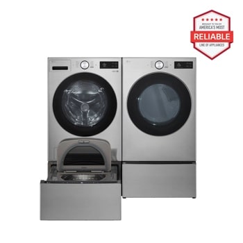 5.0 cu. ft. Front Load Washer and 7.4 cu.ft. Gas Dryer with pedestal washer and drawer in Graphite Steel WM5800HVA_DLGX5801V_WD300CV_WDP6V