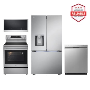 26 cu. ft. Smart Counter-Depth MAX™ French Door Refrigerator with Freestanding Electric Range, Front Control Dishwasher and Microwave Kitchen Package in Stainless Steel LRYXC2606S_LREN6325XE_MVEL2033F_LDFN4542S1