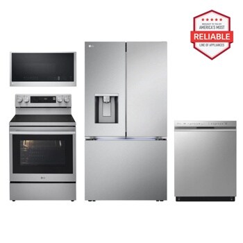 26 cu. ft. Smart Counter-Depth MAX™ French Door Refrigerator with Freestanding Electric Range, Front Control Dishwasher and Microwave Kitchen Package in Stainless Steel LRYXC2606S_LREN6325XE_MVEL2033F_LDFN4542S