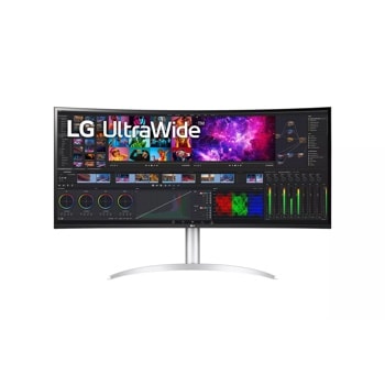 LG 40WP95C-W UltraWide Monitor displaying video editing software with curved screen and adjustable stand - Front View1