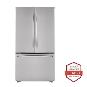 Front view of the 23 cu. ft. French Door Counter-Depth Refrigerator - LFCC22426S. Includes a graphic logo that says, Brought to you by America’s Most Reliable Line of Appliances.