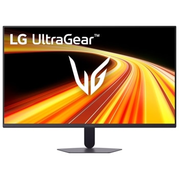 LG 32G621B-B UltraGear Gaming Monitor displaying vibrant speed motion graphics with stand - Front View1