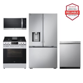 Group shot of an LG Refrigerator, dishwasher, microwave and gas range. "America's Most Reliable Line of Home Appliances" Badge.1
