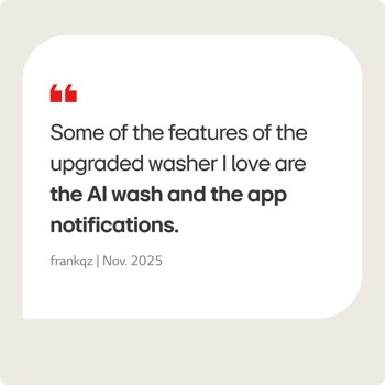 WT8200CL Dryer infographic showing customer testimonial highlighting AI wash and app notification features from frankqz dated Nov. 2025