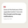 WT8200CL Dryer infographic showing customer testimonial highlighting AI wash and app notification features from frankqz dated Nov. 2025