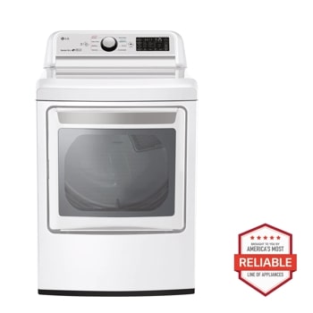 Front view of the 7.3 cu. ft. Ultra Large Capacity Smart wi-fi Enabled Electric Dryer with Sensor Dry Technology - DLE7300WE. Includes a graphic logo that says, Brought to you by America's Most Reliable Line of Appliances.
