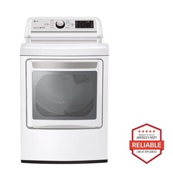 Front view of the 7.3 cu. ft. Ultra Large Capacity Smart wi-fi Enabled Electric Dryer with Sensor Dry Technology - DLE7300WE. Includes a graphic logo that says, Brought to you by America’s Most Reliable Line of Appliances.
